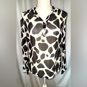 TALBOTS Long Sleeve Sheer Pure Silk Blouse Black & White Top Size 10. GUC